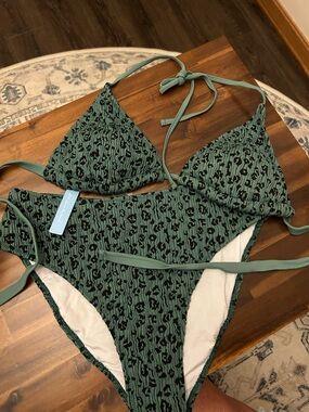 Textured Forest Green Printed Triangle Bikini Set - Women Swim Bikini